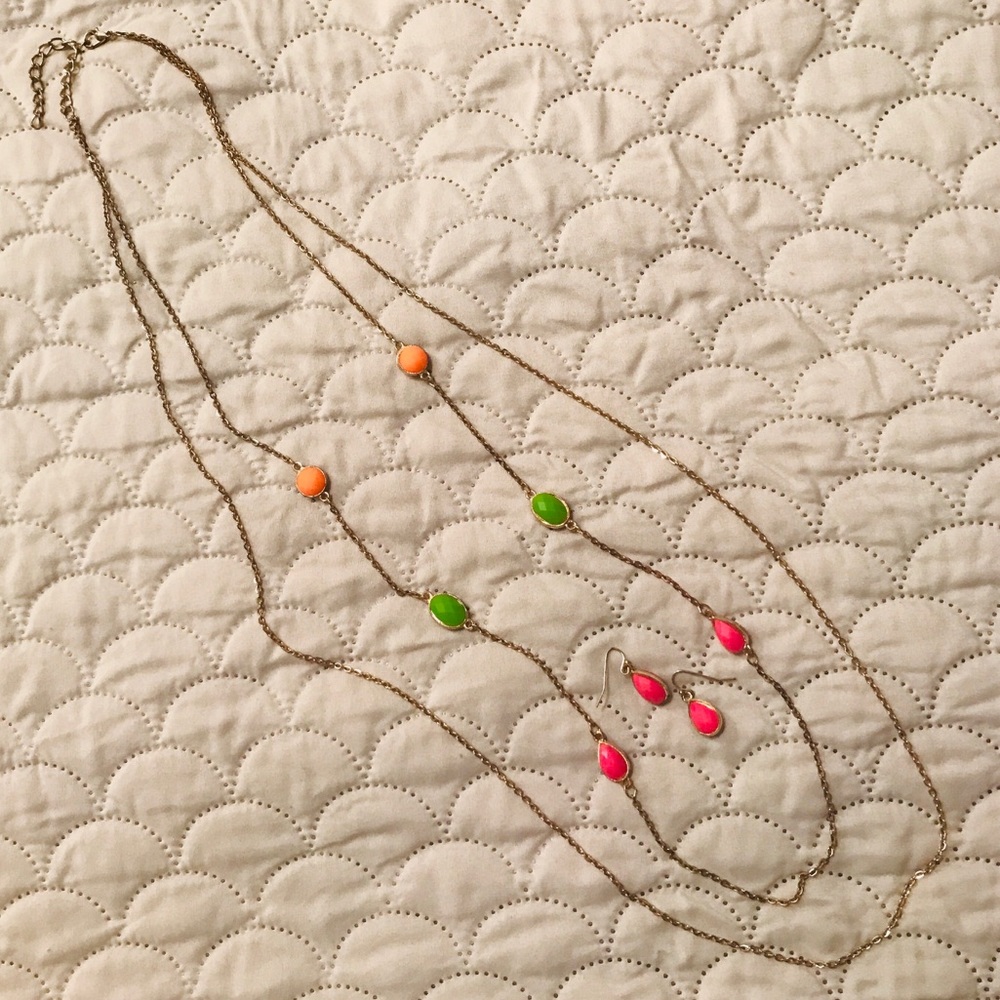 Long Gold Necklace w/ Neon Pink, Orange, & Green Accents + Matching Earrings!